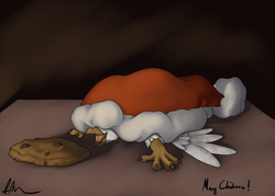 Size: 2000x1428 | Tagged: safe, artist:theandymac, oc, oc only, oc:der, griffon, christmas, cookie, food, happy, hat, holiday, male, micro, open mouth, santa hat, solo, that griffon sure "der"s love cookies, tongue out
