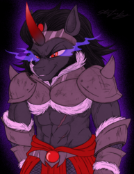 Size: 900x1168 | Tagged: safe, artist:molochtdl, king sombra, unicorn, anthro, g4, armor, dark magic, evil smile, grin, king sombara, magic, male, muscles, scar, signature, smiling, solo, sombra eyes, unconvincing armor