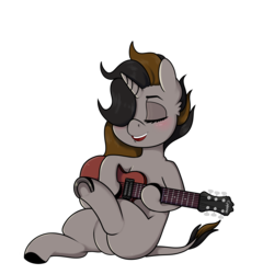Size: 3500x3500 | Tagged: safe, alternate version, artist:php172, artist:sunlightgryphon, oc, oc only, oc:emerald whiplash, pony, unicorn, 2018 community collab, derpibooru community collaboration, eyes closed, featureless crotch, guitar, high res, horseshoes, simple background, solo, transparent background