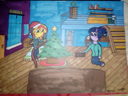Size: 4160x3120 | Tagged: safe, artist:olgasot12, sci-twi, sunset shimmer, twilight sparkle, equestria girls, g4, christmas, christmas tree, female, hat, holiday, hug, lesbian, santa hat, ship:sci-twishimmer, ship:sunsetsparkle, shipping, sunset's apartment, traditional art, tree