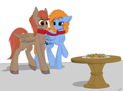 Size: 4707x3501 | Tagged: safe, artist:faline-art, oc, oc only, pegasus, pony, blushing, clothes, cookie, female, food, hearth's warming, holiday, male, mare, scarf, shared clothing, shared scarf, stallion, table
