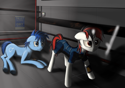 Size: 3256x2278 | Tagged: safe, artist:enkeinn, oc, oc only, oc:blackjack, oc:p-21, fallout equestria, fallout equestria: project horizons, baton, high res, pipbuck, poster, protecting, stable 99