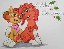 Size: 1024x781 | Tagged: safe, artist:zalla661, oc, oc only, oc:amber spirits, oc:cynthia, earth pony, pony, unicorn, clothes, female, holly, mare, merry christmas, raised hoof, scarf, traditional art