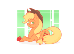 Size: 1900x1400 | Tagged: safe, artist:eternalsubscriber, applejack, earth pony, pony, g4, abstract background, apple, cowboy hat, crossed hooves, female, food, hat, looking at you, lying, mare, prone, smiling, solo