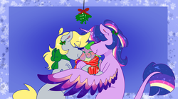 Size: 4024x2250 | Tagged: safe, artist:cubbybatdoodles, derpy hooves, spike, twilight sparkle, alicorn, dragon, pegasus, pony, g4, cheek kiss, cute, eyes closed, female, kiss sandwich, kissing, leonine tail, lesbian, male, mama twilight, mare, mistletoe, ship:twerpy, shipping, smiling, spikabetes, spikelove, spread wings, trio, twilight sparkle (alicorn), wings