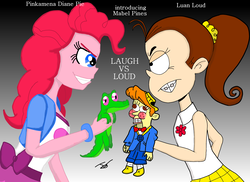 Size: 2048x1488 | Tagged: artist needed, source needed, useless source url, safe, gummy, pinkie pie, equestria girls, g4, crappy nick cartoons, crossover, evil grin, face to face, freddy vs jason, grin, luan loud, mr. coconuts, nickelodeon, parody, smiling, the loud house