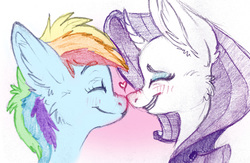 Size: 871x568 | Tagged: safe, artist:rainbowtail, color edit, edit, rainbow dash, rarity, pegasus, pony, unicorn, g4, blushing, colored, colored pencil drawing, duo, eyes closed, female, gradient background, heart, lesbian, mare, nuzzling, ship:raridash, shipping, simple background, traditional art