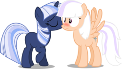 Size: 2222x1269 | Tagged: safe, artist:zacatron94, oc, oc only, oc:silverlay, oc:sweep star, original species, pegasus, pony, umbra pony, unicorn, blushing, female, kissing, lesbian, mare, simple background, spread wings, transparent background, vector, wingboner, wings