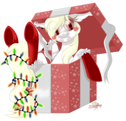 Size: 831x800 | Tagged: safe, artist:unisoleil, oc, oc only, oc:albi light wing, bat pony, pony, albino, box, christmas, christmas lights, female, holiday, mare, nightpony, pony in a box, simple background, solo, transparent background