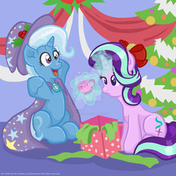 Size: 1024x1024 | Tagged: safe, artist:yoshimarsart, starlight glimmer, trixie, pony, unicorn, g4, christmas, christmas tree, cup, cute, deviantart watermark, diatrixes, duo, duo female, female, glowing horn, happy, holiday, horn, lesbian, magic, mare, obtrusive watermark, present, ship:startrix, shipping, teacup, telekinesis, that pony sure does love teacups, tree, watermark