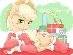 Size: 2048x1536 | Tagged: safe, artist:gamijack, applejack, earth pony, pony, g4, applejack's hat, christmas, cowboy hat, female, freckles, hat, holiday, looking at you, mare, present, smiling, solo, stetson