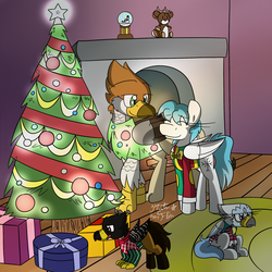 Size: 2000x2000 | Tagged: safe, artist:rosexknight, oc, oc only, oc:cliff, oc:purity, oc:sight wing, oc:snow print, classical hippogriff, griffon, hippogriff, pegasus, pony, brother and sister, brown eyes, christmas, christmas lights, christmas tree, clothes, cutie mark, family, father and daughter, father and son, female, fireplace, gradient mane, green eyes, hearth's warming, hearth's warming tree, high res, holiday, husband and wife, male, mother and daughter, mother and son, ornament, ornaments, plushie, present, purple eyes, rug, snow globe, sweater, tongue out, tree, ugly christmas sweater, wings