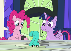 Size: 2337x1700 | Tagged: safe, artist:equestriaguy637, pinkie pie, twilight sparkle, alicorn, earth pony, pony, g4, bbc, cutie map, female, grin, logo, mare, rc car, remote control, smiling, table, the hall of friendship, throne room, twilight sparkle (alicorn), twilight's castle, window