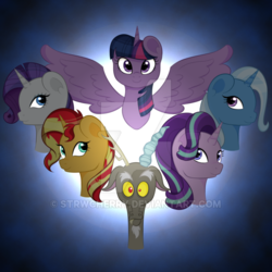 Size: 600x600 | Tagged: safe, artist:strwcherry, discord, rarity, starlight glimmer, sunset shimmer, trixie, twilight sparkle, alicorn, draconequus, pony, unicorn, g4, bust, spread wings, twilight sparkle (alicorn), watermark, wings