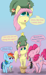 Size: 3571x5800 | Tagged: safe, artist:firefanatic, fluttershy, pinkie pie, rainbow dash, g4, chest fluff, christmas, christmas lights, christmas tree, cute, dialogue, fluffy, fluttertree, holiday, ribbon, tree, tree costume