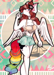 Size: 2335x3231 | Tagged: safe, artist:mscolorsplash, oc, oc only, oc:color splash, pegasus, anthro, clothes, cute, female, food, high res, legs, miniskirt, moe, pinup, popsicle, rainbow tail, skirt, solo, sunglasses, traditional art