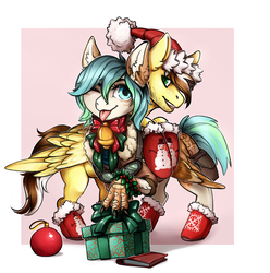 Size: 1605x1621 | Tagged: safe, artist:bebl, oc, oc only, oc:clipper, oc:silver lining, hippogriff, pegasus, pony, bell, christmas, clothes, holiday, present, tongue out