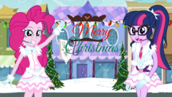Size: 1920x1080 | Tagged: artist needed, source needed, safe, artist:osipush, pinkie pie, sci-twi, twilight sparkle, equestria girls, g4, christmas, clothes, cosplay, costume, crossover, holiday, love live!, love live! school idol project, merry christmas, open mouth, siivagunner, snow, snow halation, tree, μ's