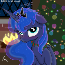 Size: 4823x4823 | Tagged: safe, artist:darkest-lunar-flower, princess luna, alicorn, pony, g4, absurd resolution, blushing, candy, candy cane, christmas, christmas lights, christmas tree, clothes, female, fire, fireplace, floppy ears, food, hearth's warming, hearth's warming eve, holiday, jewelry, lidded eyes, mare, regalia, scarf, tree, tsundere, tsunderuna