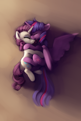 Size: 2001x3000 | Tagged: safe, artist:lilfunkman, rarity, twilight sparkle, alicorn, pony, unicorn, g4, cuddling, duo, duo female, eyes closed, female, high res, horn, hug, lesbian, lying down, mare, on side, ship:rarilight, shipping, smiling, snuggling, spread wings, twilight sparkle (alicorn), wings