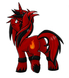 Size: 1200x1350 | Tagged: safe, artist:xiamtheferret, oc, oc only, oc:forsaken, pony, unicorn, 2018 community collab, derpibooru community collaboration, butt, plot, red and black oc, simple background, solo, transparent background