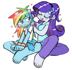 Size: 1420x1386 | Tagged: safe, artist:xenon, rainbow dash, rarity, equestria girls, g4, alternate clothes, barefoot, blushing, clothes, eyes closed, feet, female, heart, lesbian, long hair, massage, open mouth, ship:raridash, shipping, simple background, sitting, smiling, toes, white background