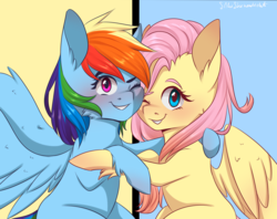 Size: 1800x1426 | Tagged: safe, artist:silbersternenlicht, fluttershy, rainbow dash, pegasus, pony, fame and misfortune, g4, blushing, cheek fluff, cute, duo, duo female, female, hug, lesbian, looking at you, mare, one eye closed, scene interpretation, ship:flutterdash, shipping, smiling