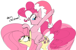 Size: 3693x2448 | Tagged: safe, artist:hattsy, fluttershy, pinkie pie, earth pony, pegasus, pony, g4, christmas, dialogue, female, hat, high res, holiday, looking back, mare, open mouth, pinkie pie riding fluttershy, ponies riding ponies, raised hoof, riding, santa hat, simple background, white background