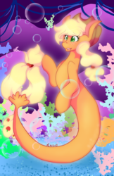 Size: 1024x1583 | Tagged: safe, artist:mscolorsplash, applejack, earth pony, pony, seapony (g4), g4, my little pony: the movie, applejack's hat, bubble, coral, cowboy hat, cute, digital art, dorsal fin, female, fin, fish tail, flowing mane, flowing tail, green eyes, hat, mare, ocean, open mouth, open smile, scales, seaponified, seapony applejack, seaquestria, seaweed, signature, smiling, solo, species swap, swimming, tail, teeth, underwater, water, yellow mane, yellow tail
