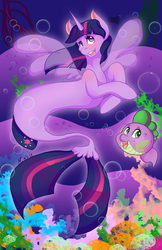 Size: 1024x1583 | Tagged: safe, artist:mscolorsplash, spike, twilight sparkle, alicorn, fish, pony, puffer fish, seapony (g4), g4, my little pony: the movie, blushing, bubble, clothes, coral, digital art, dorsal fin, female, fin wings, fins, fish tail, flowing mane, flowing tail, horn, male, mare, ocean, open mouth, seaponified, seapony twilight, seashell, seaweed, see-through, signature, smiling, species swap, spike the pufferfish, tail, twilight sparkle (alicorn), underwater, water, wings