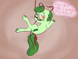 Size: 2550x1950 | Tagged: safe, artist:taswel, oc, oc only, oc:ribbon wreath, earth pony, pony, bow, colored hooves, hair bow, holly, holly mistaken for mistletoe, one eye closed, ribbon, solo, tail bow, wink
