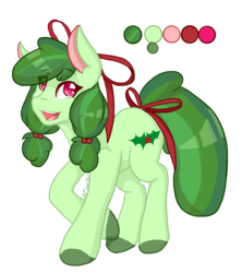 Size: 4056x4569 | Tagged: safe, artist:mscolorsplash, oc, oc only, oc:ribbon wreath, earth pony, pony, absurd resolution, bow, colored hooves, hair bow, holly, reference sheet, ribbon, simple background, smiling, solo, tail bow, transparent background