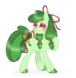 Size: 923x941 | Tagged: safe, artist:nemovonsilver, oc, oc only, oc:ribbon wreath, earth pony, pony, bow, colored hooves, hair bow, holly, lidded eyes, ribbon, smiling, solo, tail bow