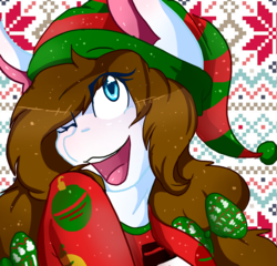 Size: 1280x1231 | Tagged: safe, artist:mscolorsplash, oc, oc only, oc:color splash, pegasus, pony, bow, christmas, hair bow, hat, holiday, one eye closed, santa hat, smiling, solo, wink