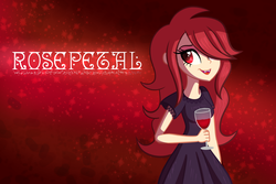 Size: 1024x683 | Tagged: dead source, safe, artist:wubcakeva, oc, oc only, oc:rosepetal, equestria girls, g4, clothes, dress, drinking glass, equestria girls-ified, female, hair over one eye, open mouth, red background, red eyes, simple background, solo
