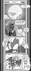 Size: 1451x3300 | Tagged: safe, artist:loreto-arts, gilda, princess luna, spike, dragon, griffon, comic:friendship is innuendo, comic:friendship is innuendo vol. 2, g4, comic, crash, knock out, le lenny face, monochrome, non-consensual cuddling, older, older spike, sleeping, swirly eyes, this might end in pain, winged spike, wings