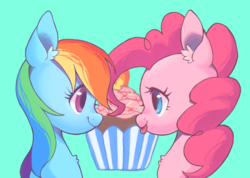 Size: 1764x1259 | Tagged: safe, artist:ikirunosindo, pinkie pie, rainbow dash, pony, g4, :p, bust, chest fluff, cupcake, cute, dashabetes, diapinkes, ear fluff, female, food, lesbian, looking at each other, mare, ship:pinkiedash, shipping, silly, simple background, smiling, tongue out