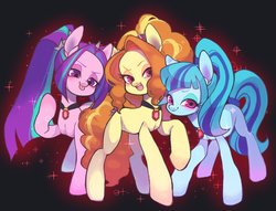 Size: 1959x1500 | Tagged: safe, artist:ikirunosindo, adagio dazzle, aria blaze, sonata dusk, pony, g4, blank flank, female, gem, looking at you, mare, open mouth, ponified, raised hoof, siren gem, smiling, sparkles, the dazzlings, tongue out, trio