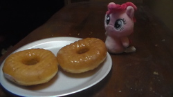 Size: 1696x954 | Tagged: safe, pinkie pie, g4, donut, food, glazed donuts, irl, itty biitys, photo, plushie