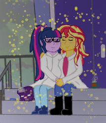 Size: 703x817 | Tagged: safe, artist:fluidty, derpibooru exclusive, sci-twi, sunset shimmer, twilight sparkle, firefly (insect), equestria girls, g4, bag, blushing, clothes, coffee mug, female, holding hands, lab coat, lesbian, mug, ship:sci-twishimmer, ship:sunsetsparkle, shipping