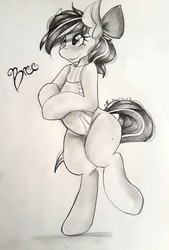 Size: 1783x2643 | Tagged: safe, artist:mscolorsplash, oc, oc only, oc:breezy, earth pony, pony, bipedal, bow, clothes, hair bow, smiling, solo, sweater, traditional art