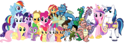 Size: 2058x717 | Tagged: safe, apple bloom, applejack, fluttershy, pinkie pie, princess cadance, rainbow dash, rarity, scootaloo, shining armor, spike, sunset shimmer, sweetie belle, twilight sparkle, alicorn, dragon, human, pony, g4, cassie (dragon tales), crossover, dem feels, dragon tales, emmy (dragon tales), hilarious in hindsight, lol, mane six, max (dragon tales), ord, simple background, transparent background, twilight sparkle (alicorn), vector, xp, zak and wheezie