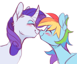 Size: 711x589 | Tagged: source needed, safe, artist:xenon, rainbow dash, rarity, pegasus, pony, unicorn, g4, blushing, bust, curved horn, duo, eyes closed, female, horn, lesbian, mare, nuzzling, ship:raridash, shipping, simple background, smiling, white background