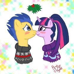 Size: 1000x1001 | Tagged: safe, artist:artisthydid, flash sentry, sci-twi, twilight sparkle, pony, unicorn, g4, clothes, equestria girls ponified, female, glasses, holly, holly mistaken for mistletoe, human pony flash sentry, imminent kissing, looking at each other, male, ship:flashlight, ship:sci-flash, shipping, straight, sweater, unicorn sci-twi