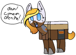 Size: 609x441 | Tagged: safe, artist:nootaz, oc, oc only, oc:looty, object pony, original species, loot box, overwatch, ponified, simple background, solo, speech, transparent background