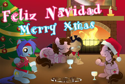 Size: 1024x691 | Tagged: safe, artist:shinta-girl, oc, oc only, oc:shinta pony, chimney, christmas, christmas sweater, christmas tree, clothes, cookie, eggnog, fireplace, food, hat, holiday, santa hat, sweater, tree