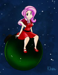 Size: 850x1100 | Tagged: safe, artist:kprovido, fluttershy, human, g4, christmas, clothes, dress, female, holiday, humanized, looking at you, ornament, sitting, smiling, solo