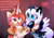 Size: 2196x1550 | Tagged: safe, artist:magnaluna, princess celestia, princess luna, alicorn, pony, g4, :<, :o, abstract background, alternate design, blushing, cheek fluff, colored wings, colored wingtips, confused, curved horn, cute, cutelestia, dialogue, duo, ethereal mane, female, galaxy mane, horn, hug, implied lesbian, implied shipping, implied twilestia, jewelry, lunabetes, mare, open mouth, question mark, raised eyebrow, regalia, speech bubble, spread wings, white-haired luna, wings