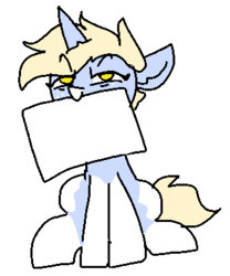 Size: 318x383 | Tagged: safe, alternate version, artist:nootaz, oc, oc only, oc:nootaz, pony, unicorn, exploitable, female, floppy ears, glare, mare, mouth hold, sign, simple background, sitting, smiling, smirk, solo, template, transparent background