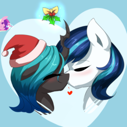 Size: 1000x1000 | Tagged: safe, artist:burgerkiss, princess cadance, queen chrysalis, shining armor, alicorn, changeling, changeling queen, pony, unicorn, g4, blushing, bust, christmas, christmas changeling, cute, cutealis, eyes closed, female, glowing horn, heart, holiday, holly, holly mistaken for mistletoe, horn, infidelity, infidelity armor, kissing, magic, magic aura, male, mare, princess of shipping, shining adorable, ship:shining chrysalis, shipping, stallion, straight, telekinesis